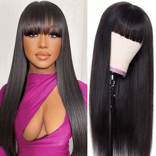 parrucca donna capelli veri umani glueless straight wig with bang None lace front human hair wig parrucca donna long straight human hair with fringe 150 density 16inch
