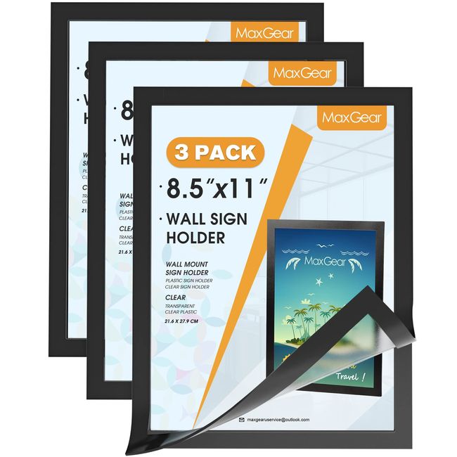 MaxGear Magnetic Sign Holder 8.5 x 11 Wall Mount, Self Adhesive Display Picture Frames with Strong Magnetic Border and Clear PVC, Document Poster Paper Holder for Home Office Store, 3 Pack