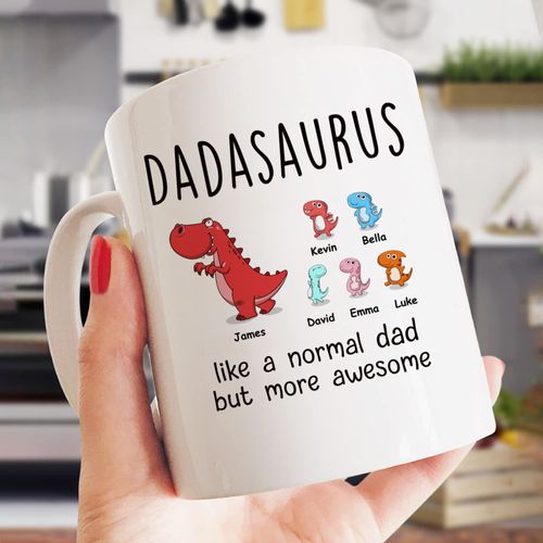 Gossby Personalized DADASAURUS Coffee Mug - Custom Dad Gift from Kid, Daughter, Son, Wife - Funny Fathers Day, Christmas, Birthday Gift for Dad, Grandpa, Husband - 5 Kids