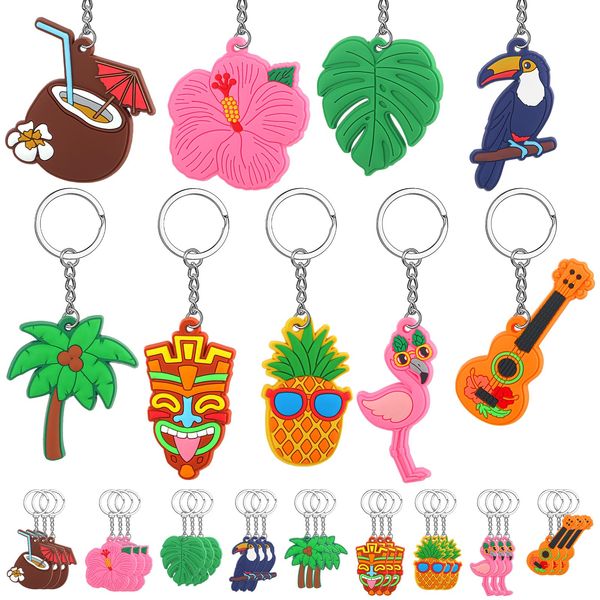 Yinkin 36 Pcs Summer Party Keychains Beach Flamingo Pineapple Turtle Surfboard Keychain for Summer Pool Theme Party Favor Luau Tropical Hawaiian Sea Party Supplies, 9 Styles(Hawaiian Style)