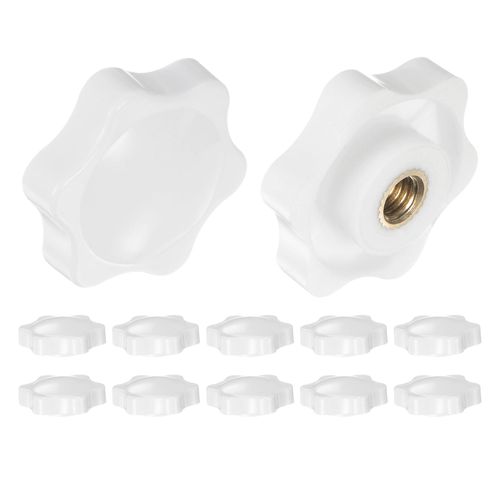 HARFINGTON 12pcs Star Knobs M6 Female Thread 32mm 6-Point Plastic Head Brass Insert Non-Through Hole Screw-in Threaded Hand Knob Clamping Handle, White