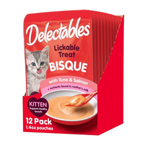 Hartz Delectables Bisque for Kittens, Complete & Balanced Tuna & Salmon Cat Wet Lickable Treats, 12 Count