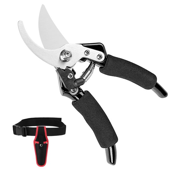 voocye Pruning Shears, 2 Levels Adjustable, Stainless Steel, Rust Resistant, Garden Scissors, EVA Sponge Handle Cover, Easy to Grasp, Weeding Scissors, Pruning Scissors, Belt Bag Included, Bonsai,