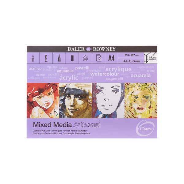 Daler-Rowney Optima Mixed Media Lightly Textured 1.4mm Thick A4 Art Board Pad, Glued 1 Side, 10 White Sheets, Ideal for Professional Artists & Students