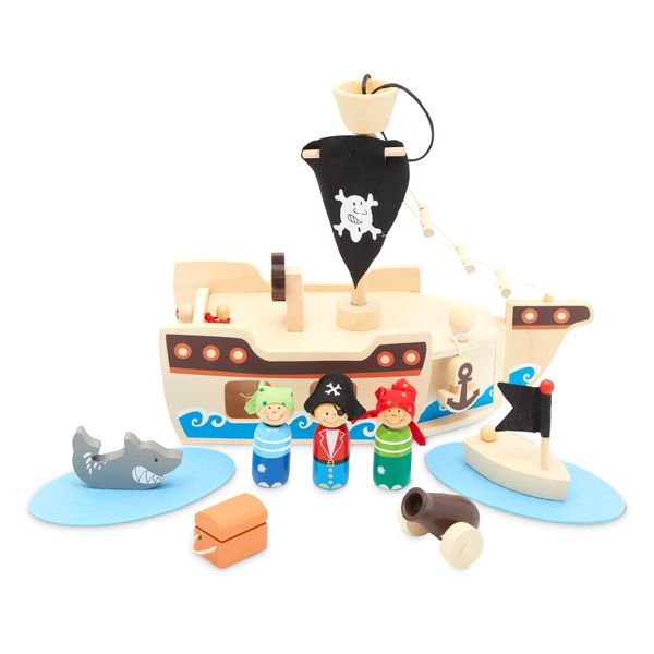 BLUE PANDA Wooden Pirate Ship for Kids Ages 3-7 - Pirate Toys Playset with Pirate Boat and Shark Figurines (11 Pieces)