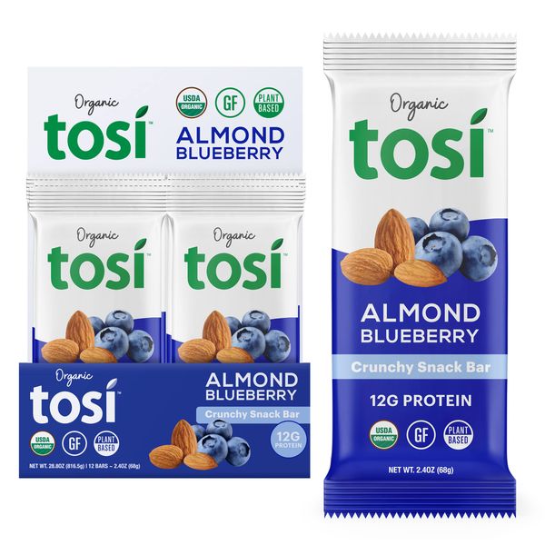 Tosi Almond Blueberry Protein Bars, Plant Based with Nuts, Gluten-Free Snacks, Vegan Flax, Chia Seeds, Soyfree, Omega 3s, 12G Protein, 2.4 oz, 12-Pack