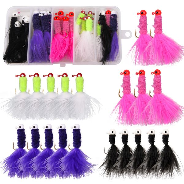 Marabou Jigs Fishing Lure Kit - 20pcs Fishing Jigs Heads Feather Hair Jig for Perch Panfish Bass Pike Walleye Trout