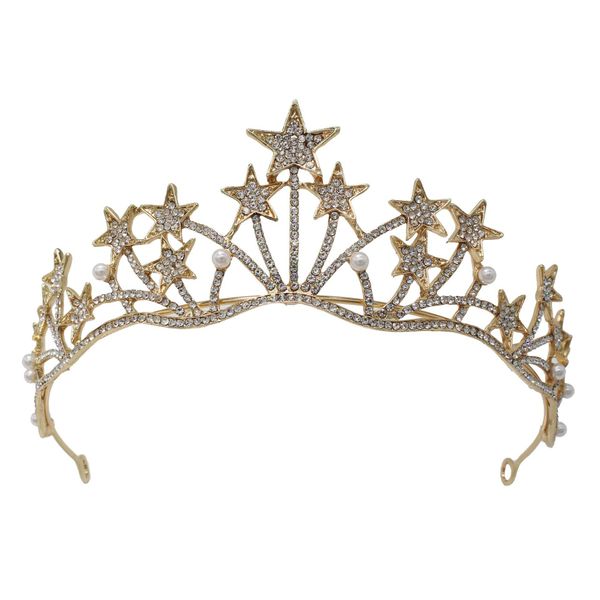 Goldener Stern Mädchen Crystal Tiara Frauen Prinzessin Braut Stirnband Kostüm Hochzeitskrongeschenk für Prom Geburtstag Henne Party Wettbewerb Weihnachten Halloween Geschenk Juwely