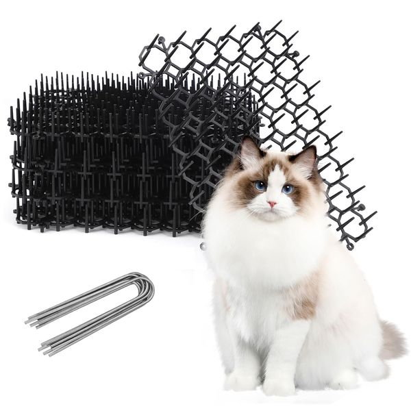 12 Pcs Cat Scat Mat With Spikes 15.5 * 20cm Cat Repellent Mat with Spikes Pet Deterrent Net Anti Cat Mat Gardening Plastic Cat Scat Mat with 8 U-Shaped Pegs for Wild Animal Outdoor Garden Plants