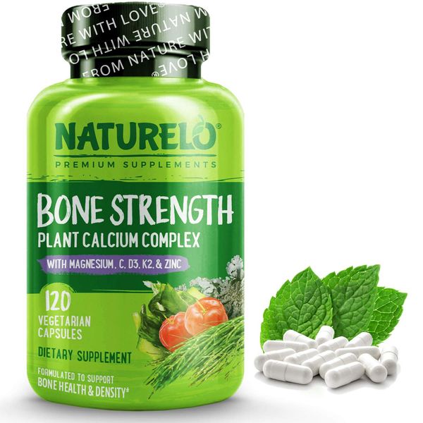 NATURELO Bone Strength - Calcium Magnesium Supplement for Bone Health - Plant-Based, Whole Food Formula with Potassium, Vitamins C, K2, D3 - Non-GMO, Soy-Free, Gluten-Free - 120 Vegan Capsules