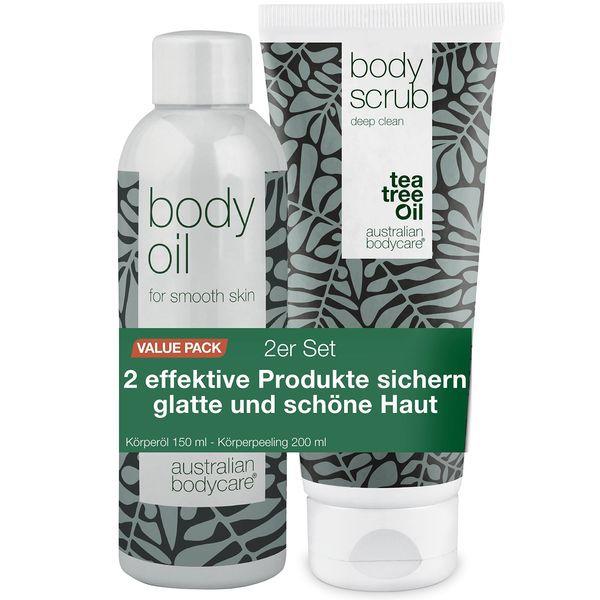 2 Produkte zur Verbesserung des Aussehens von Cellulite: Body Scrub 200 ml mit 100% natürlichem Teebaumöl und Body Oil 150 ml, das die Sichtbarkeit von Cellulite reduziert | Dermatologisch getestet