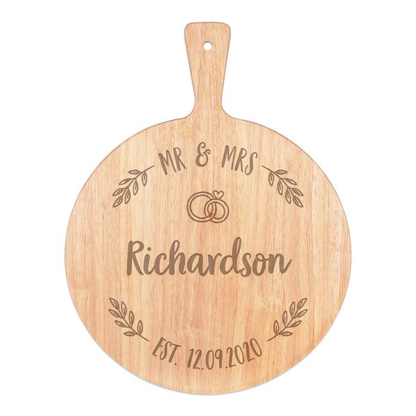 Personalised Custom Pizza Board Mr & Mrs Wedding Wreath Circle Serving Tray Handle Paddle Pizzeria Round Wooden 45x34cm