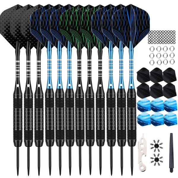 DARTSPACE 12 Pack Darts Metal Tip Set 24 Grams, Steel Tip Darts with Premium Black Blue Aluminum Shafts, Extra 50 Rubber O-Rings 6 Nylon Shafts 12 Spring Rings 16 Flights Protector 1 Tool Kit