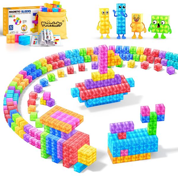 Magnetic Blocks - 32pcs Translucent Magnetic Cubes, Digit Blocks Magnet Toys for Kids, STEM Rainbow Magnetic Building Blocks for Toddlers 1-3, Christmas Birthday Gifts for Girls Boys Ages 3-8