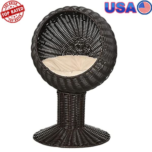 Elevated Rattan Wicker Cat Bed Soft Cushion Cozy Hideaway Pet Napping Spot New