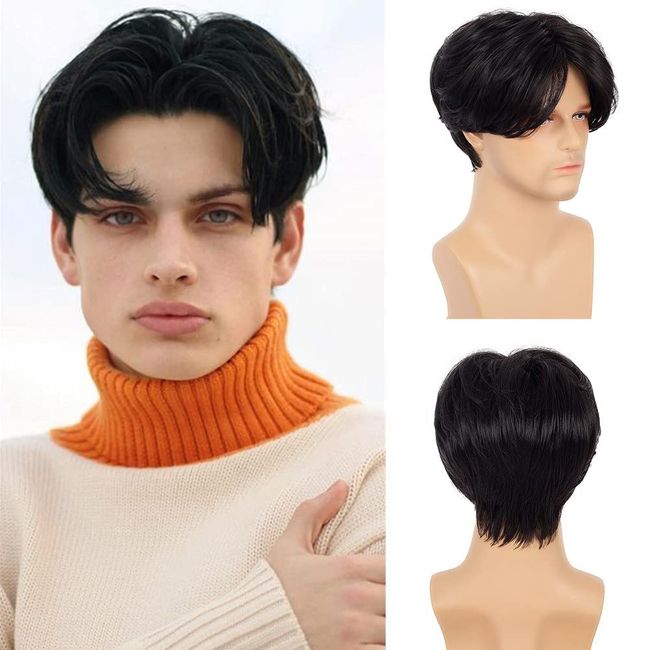 Wig for Men Black Short Middle Part Cosplay Wig Synthetic Halloween Hair Wig with Wig Cap