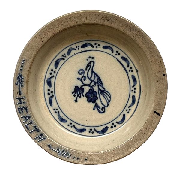 Salt Glazed Stoneware Pie Pan Cobalt Blue Bird & Floral Health Signed, 10.5" D