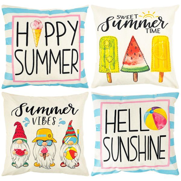 Boho Cushion Covers 45 x 45 Set of 4, Waterproof Garden Cushions Covers Summer Linen Pillow Covers, Patio Furniture Outdoor Seat Cushions Covers for Garden Furniture, Patio Chair, Bench, Floor, Sofa