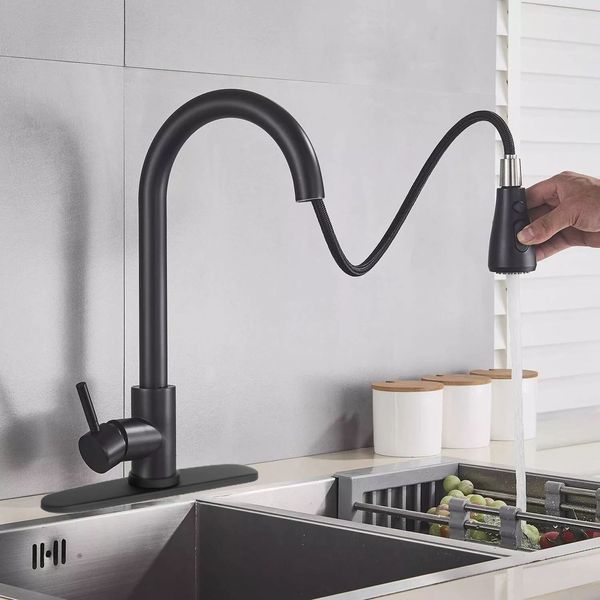 Matte Black Kitchen Sink Faucet Single Handle Swivel Pull Down Sprayer Mixer