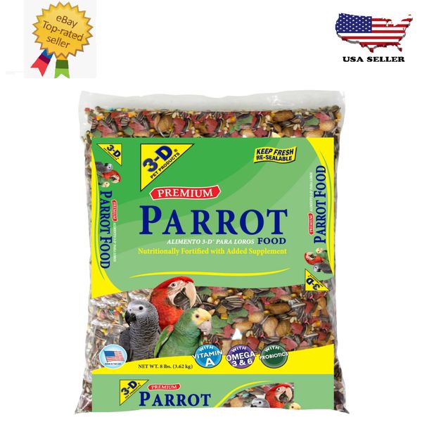 New 3-D Pet Products Premium Parrot Bird Food Seeds, with Probiotics, 8 lb. Bag