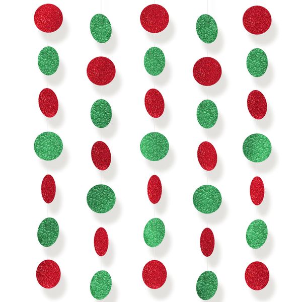 4PCS Red Green Christmas Streamers Decorations Glitter Xmas Tree Ornaments Accessories Circle Dots Paper Garland Fiesta Birthday Loteria Party Banner Streamer Background Supplies Chriatmas Decor