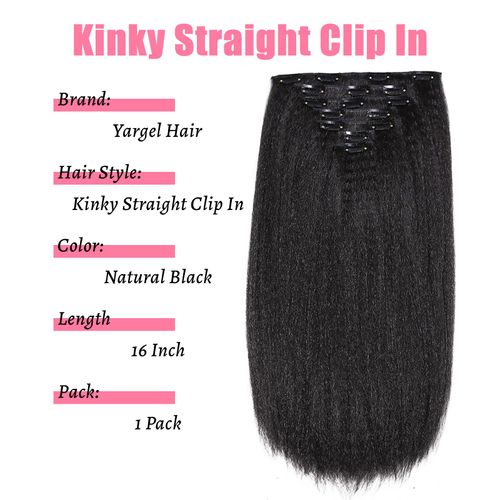 Yargel Hair 16 Inch Kinky Straight Clip in Hair Extensions for Black Women Full Head Yaki Straight Seamless Clip ins Synthetic Hair Pieces(1 pack)