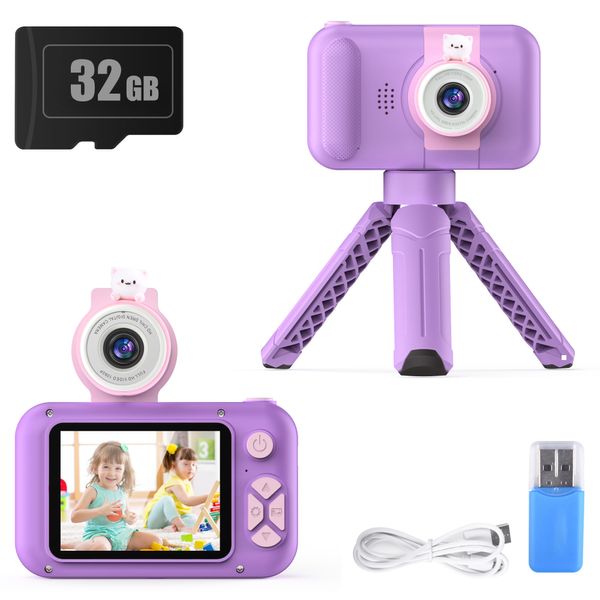 PURULU Kids Camera with Flip-up Lens for Selfie & Video, HD Digital Camera with 32GB SD Card, Ideal for 3-8 Years Old Girls Boys on Birthday Christmas Party as Gift(Purple)