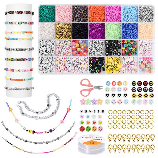 AUAUY Friendship Bracelet Making Kit, 3mm 7280pcs Glass Seed Beads for Friendship Bracelets Making Polymer Glass Seed Beads Letter Beads for Jewelry Making, DIY Arts and Crafts Gifts for Kids