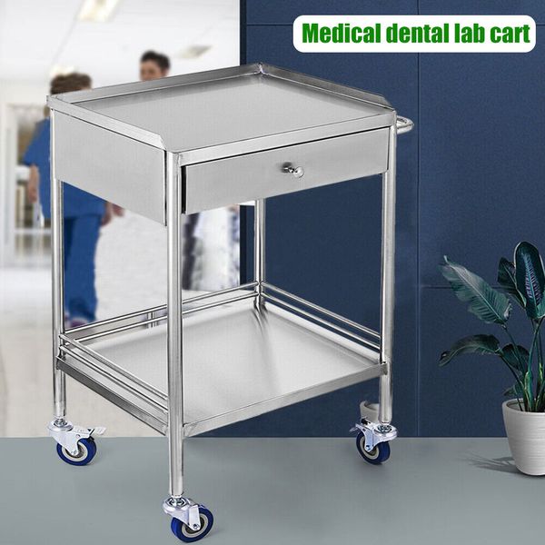 2-Tier Lab cart with Wheels, Medical Dental Cart, Stainless steel rolling cart