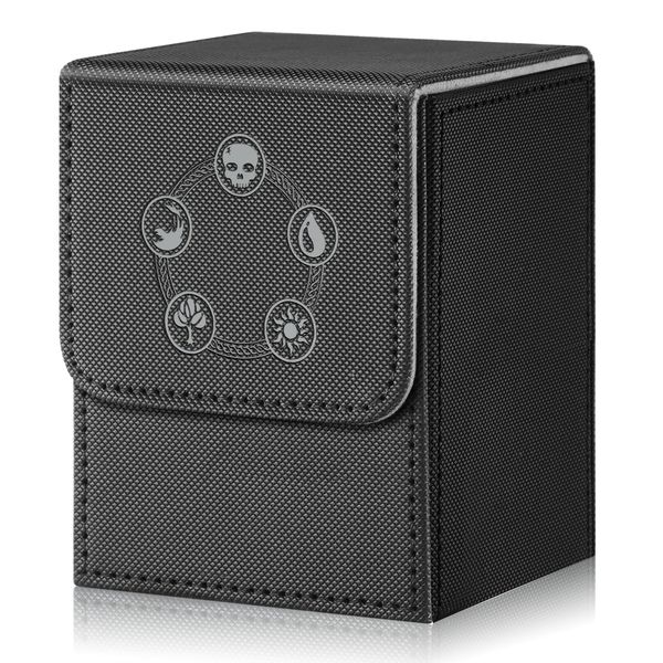 DingGuagua Card Deck Box for MTG,YuGiOh, KeyForge, Digimon FAB Card Storage Box Fits 230+ Single Sleeved Cards, PU Leather Strong Magnet Card Deck Case Holder for TCG CCG Magic Commander (Black&grey)