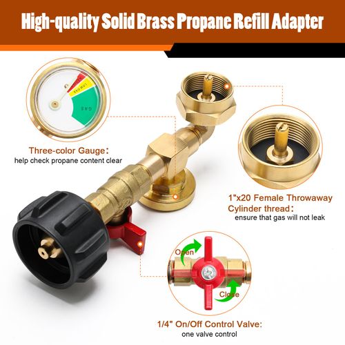 1+5Pcs Propane Refill Adapter for 1 Lb Tank, Luxiv 1P Propane Refill Elbow Adapter with Gauge and Valve, 4P 1LB Bottles Cap, 1 Sealing Tape from 5-40LB to 1LB Tank