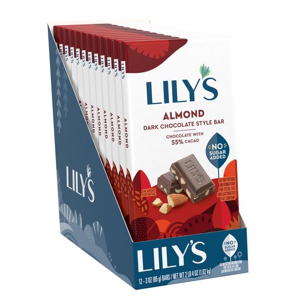 LILY'S Almond Dark Chocolate Style No Sugar Added, Sweets Bars, 3 oz (12 Count)