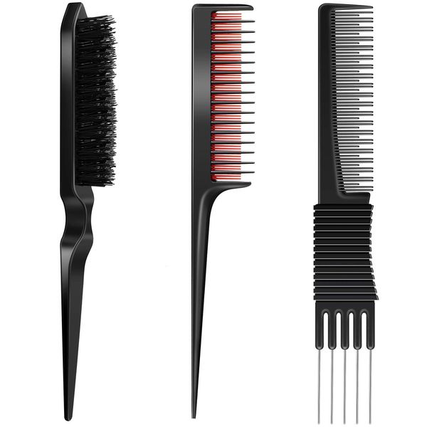 3 Pieces Pick Teasing Combs Hair Brush Set Includes Black Carbon Lift Teasing Combs with Metal Prong, Triple Pin Rat Tail Comb, Nylon Bristle Hair Comb Brush for Women (Black and Red)