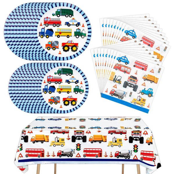 Traffic Cars Trucks Transportation Party Supplies Cars Paper Plates, Napkins, Tablecloth Transport Vehicle Theme Tableware Set Birthday Party Decorations for Boys Kids | Serves 20