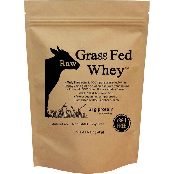 Raw Grass Fed Whey - Happy Healthy Cows, COLD PROCESSED Undenatured 100% Grass Fed Whey Protein Powder, GMO-Free + rBGH Free + Soy Free + Gluten Free + No Added Sugar, Unflavored, Unsweetened (12 OZ)