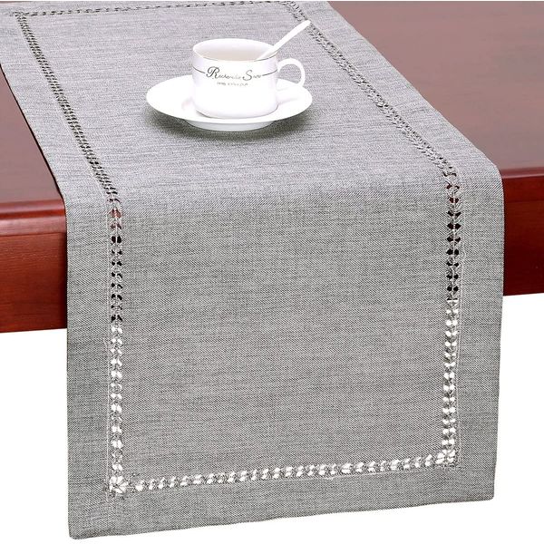 Dremisland Linens Farmhouse Table Runner Handmade Hemstitch Grey Table Runner Dresser Scarf Tablecloth Table Mat for Tablecover Dining Party Gathering Xmas Decor