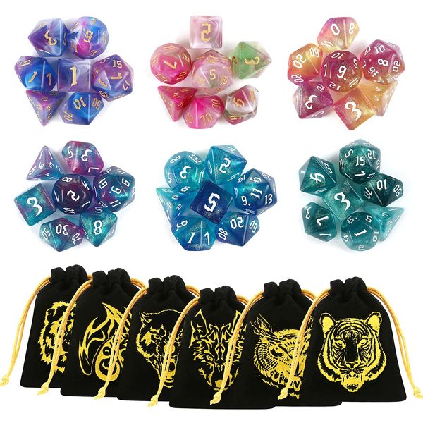 DND Dice, GWHOLE 6×7 (42pcs) Polyhedral Dice Sets with Drawstring Pouches Upgraded Dual Color D&D Dice for Dungeons and Dragons MTG RPG Table Games, D4 D6 D8 D10 D12 D20