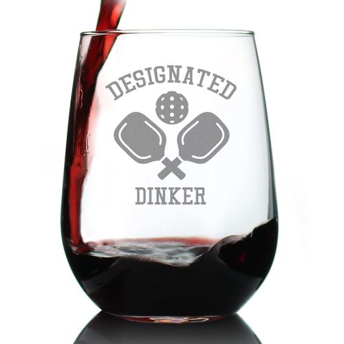 Designated Dinker - Stemless Wine Glass - Fun Pickleball Themed Decor and Gifts - Large 17 Ounce