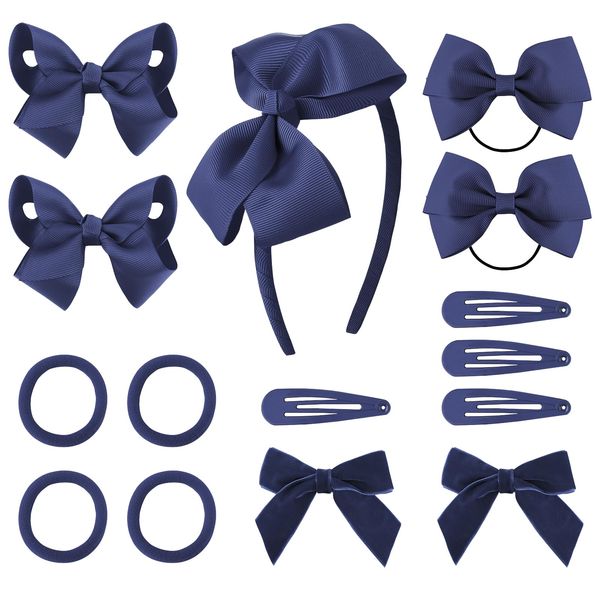 DRESHOW Girls School Hair Accessories Kit Navy Blue Bow Hair Clips Headband Ribbon Bow Hair Barrettes Ponytail Holder for Little Girl Toddlers Teens Birthday Present