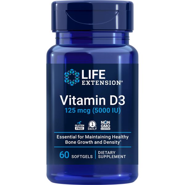 Life Extension Vitamin D3 125 mcg (5000 IU), Bone Health, Brain Performance, Immune System Support, Gluten-free, Non-GMO, Once Daily, Two-month Supply, 60 Softgels