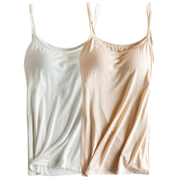 Womens Modal Built-in Bra Padded Camisole Yoga Tanks Tops Apricot White 2 Pack XXL