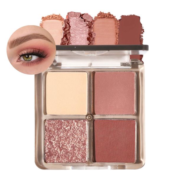 Pink Eyeshadow Palette, 4 Colour Nude Pink Make-Up Palettes for Women, Matte Shimmering Natural Daily Eyeshadow Palette, Highly Pigmented Waterproof Long-lasting Eye Shadow