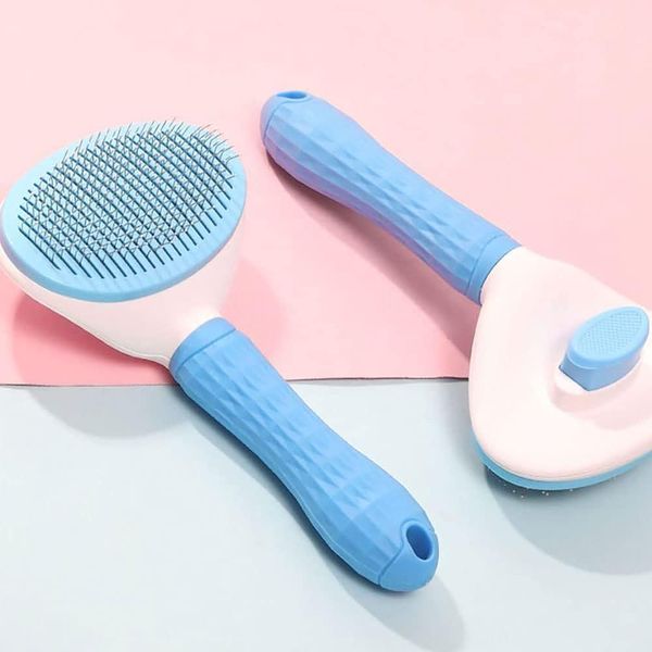 Dog Brush Cat Brush Grooming Comb,Self Cleaning Cat Dog Slicker Brushes with Smooth handle,Pet Grooming Tool with Cleaning Button for Cat Dog Shedding Tools Cat Dog Massage Clean Tangled Brush (blue)