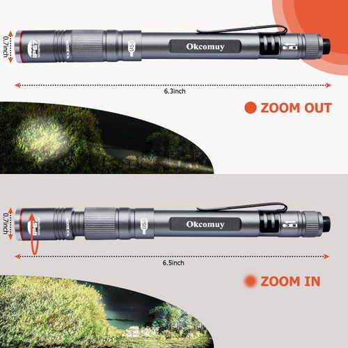okcomuy Rechargeable Pen Light Flashlight IP67 Waterproof with Pocket Clip 4-Zoomable, Prefect Pocket Flashlight for Inspection,Work,Repair (Grey, 1 Pack)