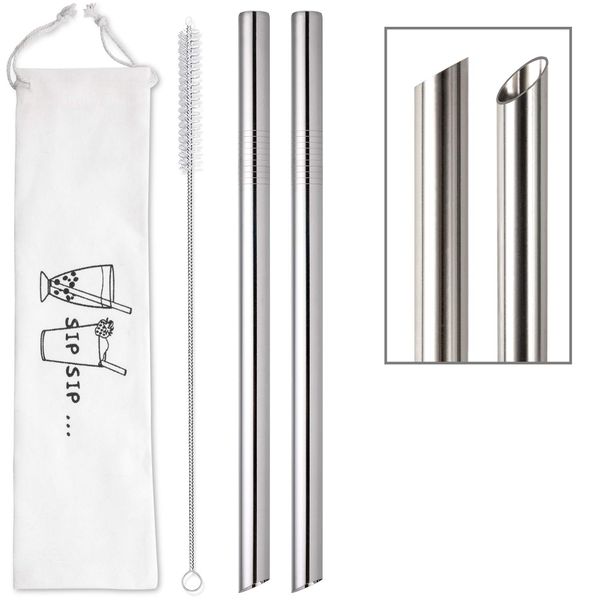 [Angled Tips] 2 Pcs Jumbo Reusable Boba Straws, 0.5" Wide Stainless Steel Metal Straws for Bubble Tea/Tapioca Pearl, Milkshakes,Smoothies | 1 Cleaning Brush & 1 Case