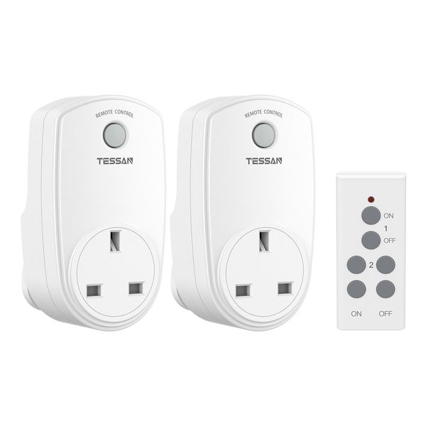 2 Pack Remote Control Plug Sockets, TESSAN Wireless Remote Control Sockets with 30m Operating Range, Programmable Remote Socket Switch Work for Household Appliances, 2 Socket and 1 Remote