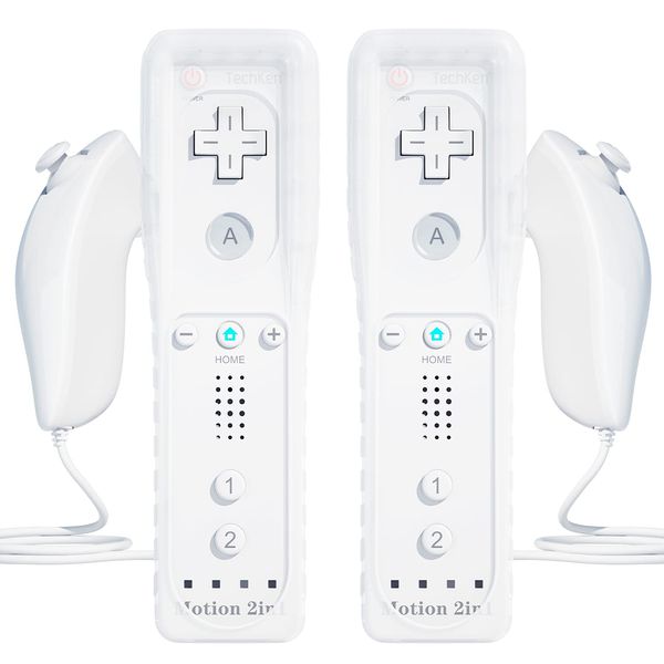 2 Sets Remote Controller for Wii, TechKen Replacement Remote Built-in Motion Plus Controller and Nunchuck (2 White)