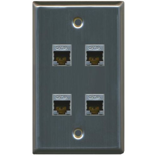 RiteAV CAT 6A 4 Port Shielded Cat6a Wall Plate 1 Gang - Stainless Steel