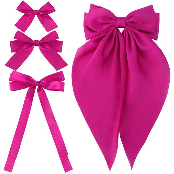 Atoden Hot Pink Hair Bows for Women Girls 4 Pcs Silky Satin Hair Ribbons Oversized Long Tail Bow Hair Clips Hair Barrettes Alligator Metal Clips Big Bowknot Cute Hair Accessories Gifts