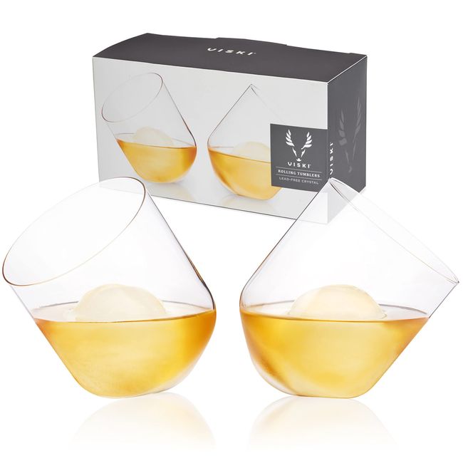 Viski Rolling Crystal Whiskey Tumblers Set of 2 - Premium Crystal Clear Glass, Classic Lowball Cocktail Glasses, Scotch Glass Gift Set - 12 oz